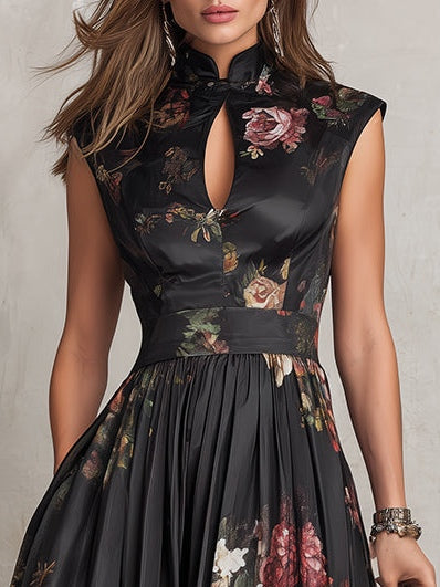 Sofia – Abito midi in satin pieghettato con collo a keyhole nero