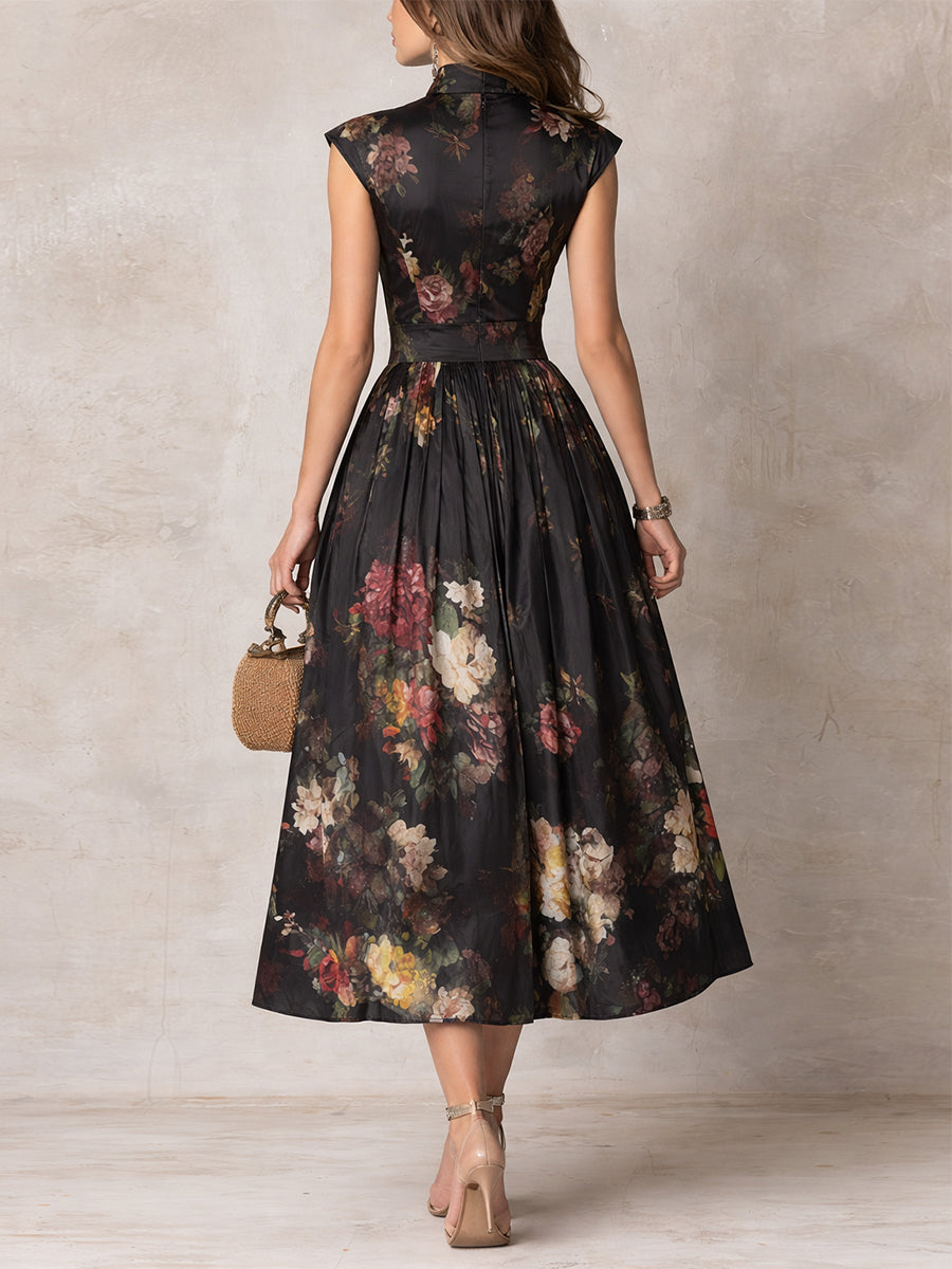 Sofia – Abito midi in satin pieghettato con collo a keyhole nero